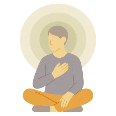 Illustration einer sitzenden Person mit Hand auf der Brust – Symbol für Ruhe und Achtsamkeit bei Angstzuständen