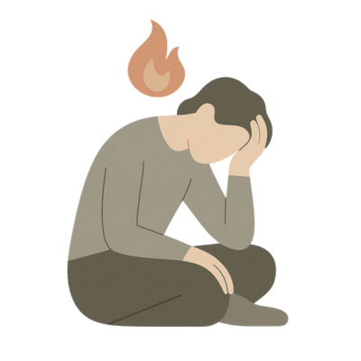 Illustration einer erschöpften Person mit Flamme über dem Kopf – Symbol für Burn-out und innere Überlastung
