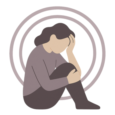 Illustration einer sitzenden Person mit gesenktem Kopf – Symbol für Lebenskrisen und emotionale Belastung