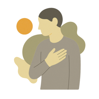 Illustration einer Person mit Hand auf der Brust – Symbol für psychosomatische Beschwerden und Selbstwahrnehmung