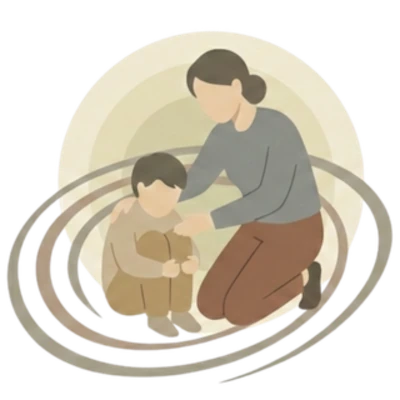 Illustration einer Mutter, die ein Kind tröstet – Symbol für Bindung, Schutz und emotionale Sicherheit