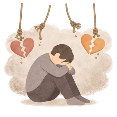 Kind sitzt traurig unter hängenden, zerbrochenen Herzen – Symbol für instabile Bindung