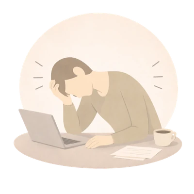 Abstrakte Illustration einer erschöpften Person am Laptop in warmen, neutralen Farbtönen – Symbolbild für inneren Leistungsdruck und mentale Überforderung.