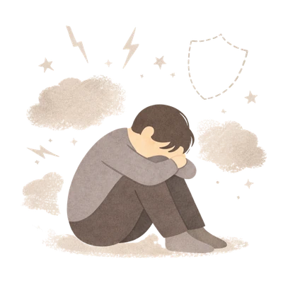 Verunsichertes Kind mit Gewitterwolken und Blitzen – Symbol für mangelnde Sicherheit