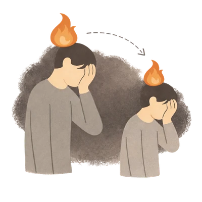 Erwachsener und Kind mit Flammen über dem Kopf – Symbol für transgenerationale Weitergabe von Ängsten