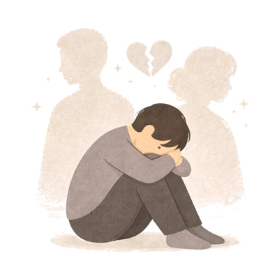 Trauriges Kind zwischen verblassenden Eltern-Silhouetten – Symbol für Verlust von Bezugspersonen